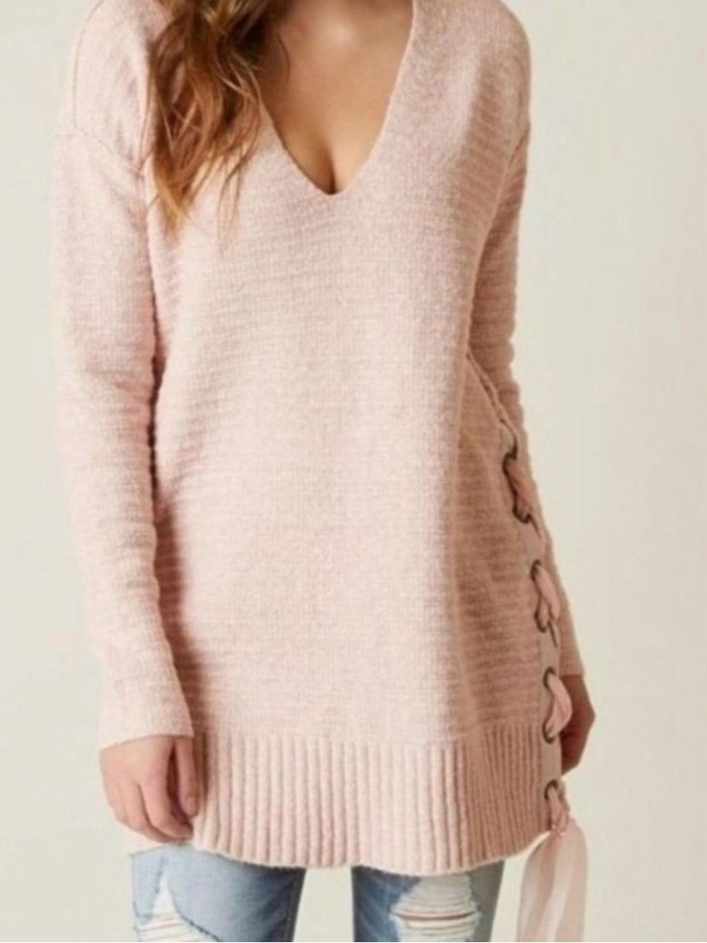 Free People Blush Pink V-Neck Lace-Up Side Tunic Sweater